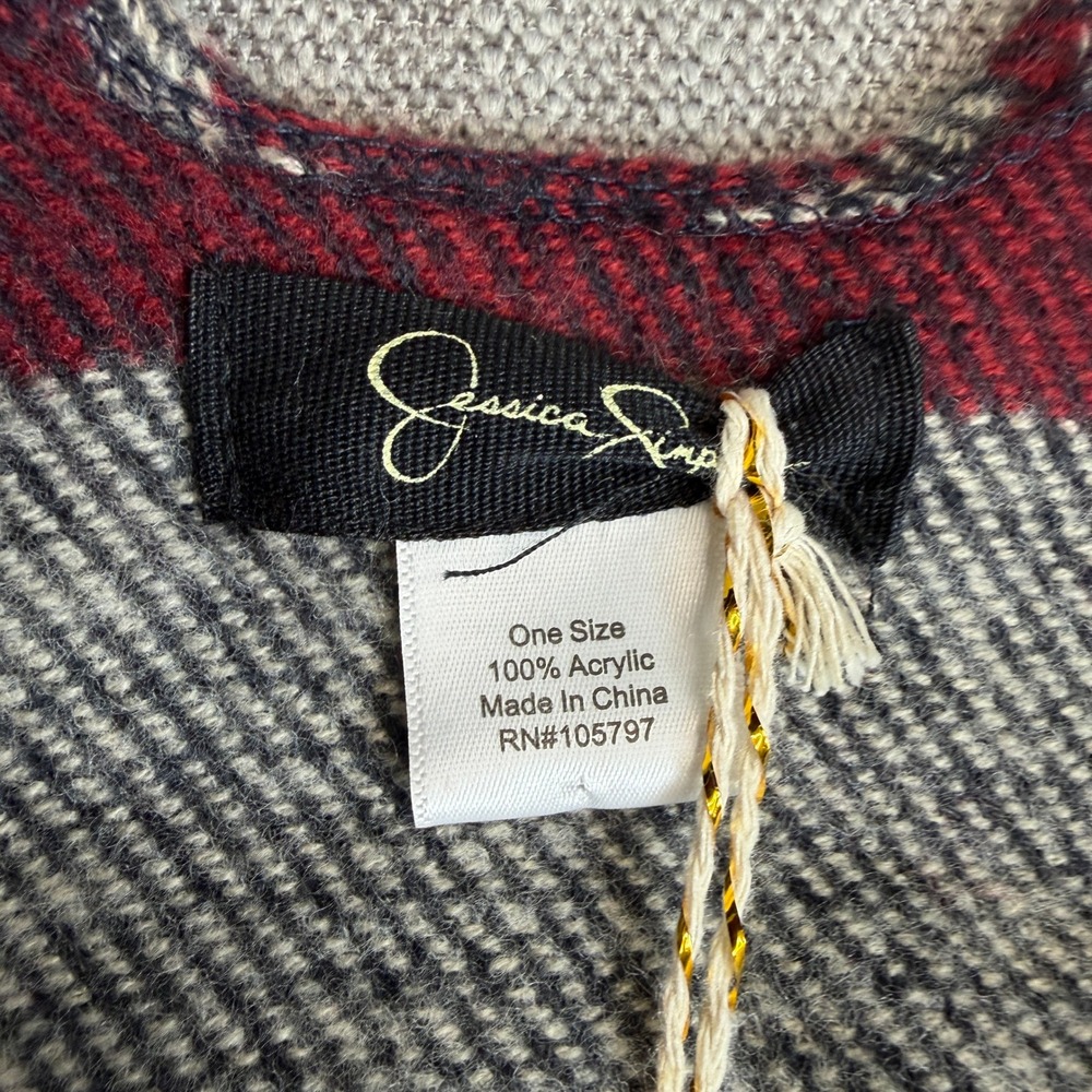 Jessica Simpson Plaid Poncho Navy Red Cream Fringe Wrap One Size NEW - Picture 4 of 9